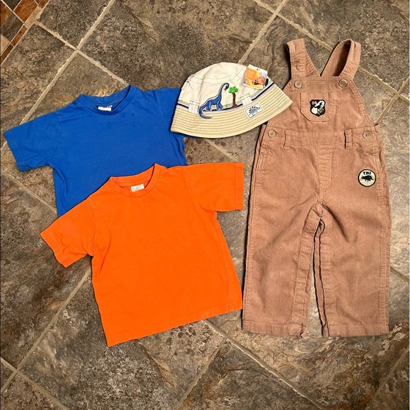 Other - 🦕 Lot of 4 Item- Dino Overalls, 2 tshirts, new hat VGUC. Toddler 2T